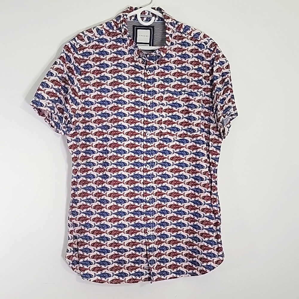 ZIPCODE Mens Blue & Brown Shark Print Short Sleeve Casual Button Up Shirt